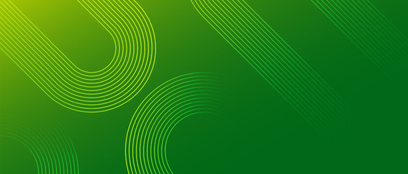 Abstract green geometric background with curved and straight lines. Concentric semicircle and parallel diagonal line pattern. Gradient backdrop for banner, presentation.