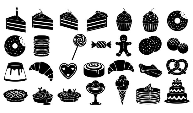 Black bakery dessert icon set with cake cupcake donut macaron pie ice cream and celebration sweets silhouette vector collection