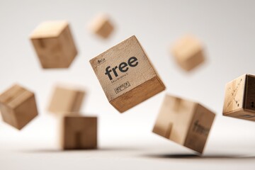 Fototapeta premium Several wooden boxes labeled 'free' are suspended in mid-air against a soft, neutral background, creating a surreal and conceptual image.