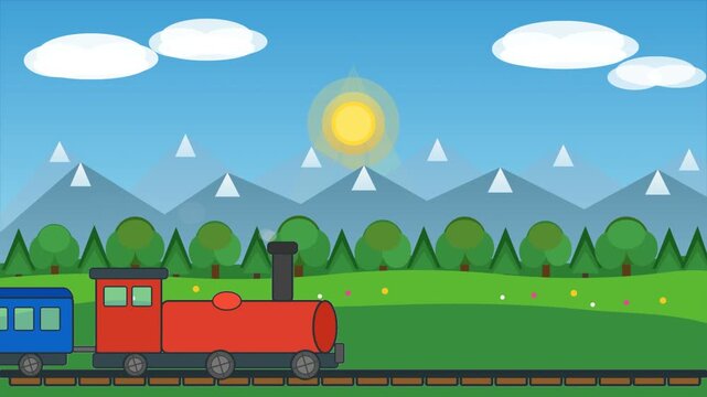 A colorful cartoon train with a red locomotive and blue carriage travels across tracks, framed by green trees, mountains, clouds, and bright sun.
