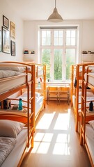 Obraz premium Bright Hostel Dormitory Room with Bunk Beds and Natural Light.