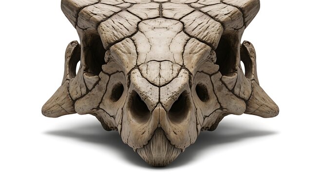 Front view of a detailed fossilized dinosaur or ancient reptile skull with intricate bone patterns on a white background, showcasing prehistoric anatomy.