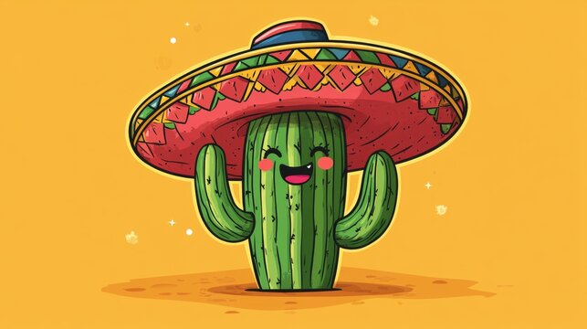 Cartoon cactus character wearing sombrero on bright yellow background
