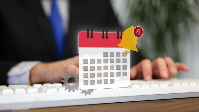 Professional typing on computer with calendar, alert, gear and notification icons, time management concept