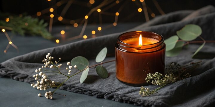 A lit candle in a jar with flowers and fairy lights