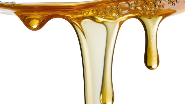 Golden viscous honey dripping with air bubbles, isolated on transparent background