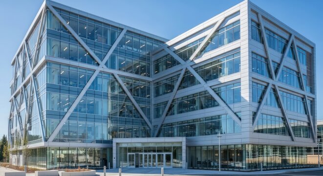 modern office building with glass facade and steel structure