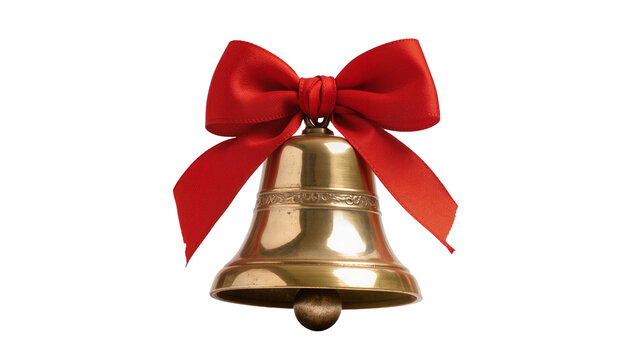Golden brass bell with red ribbon bow, isolated on transparent background