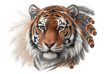 Obraz premium Fierce Feather Tiger Face Front View Sublimation PNG Isolated on Transparent Background