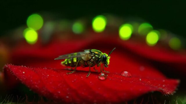 Macro of glistening striped fly on red leaf with water droplets and bokeh lights.