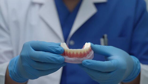 Dentist in blue gloves holding a set of dentures for examination