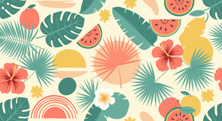 Fototapeta premium Vibrant tropical flower and leaf illustration, conveying a cheerful and warm mood, perfect for marketing, website design, and social media content.