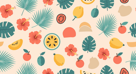 Fototapeta premium A vibrant, modern graphic design featuring fruit and palm leaves evokes a relaxed, summery mood, ideal for lifestyle branding or website backgrounds.