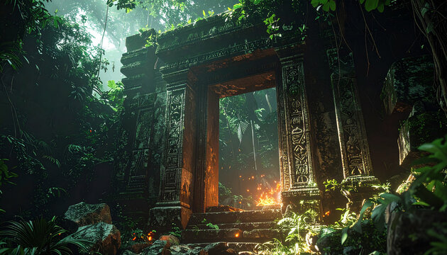 Ancient stone archway, crumbling pillars and weathered rock, hidden deep in forgotten jungle, mystical portal, arcane symbols and elaborate carvings