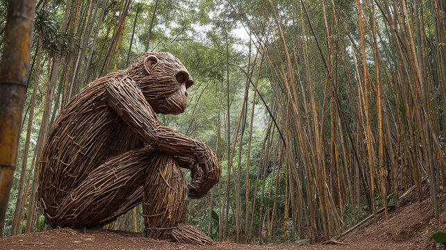 Patung Monyet dari Bambu Anyaman di Hutan Bambu, Karya Seni Alam Berpose Jongkok