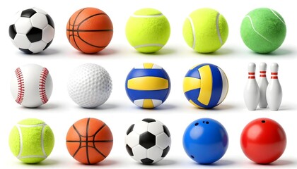 Obraz premium Collection of various sports balls and bowling pins arranged on a white background