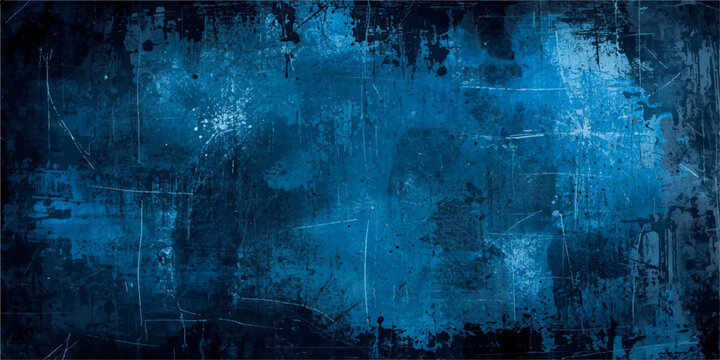 A dark blue vintage grunge wall background with a dirty aged paper texture and rusted paint design on a rough antique surface.