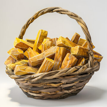 Summer solstice 2.5D illustration of wicker basket with wood logs. Midsummer bonfire concept