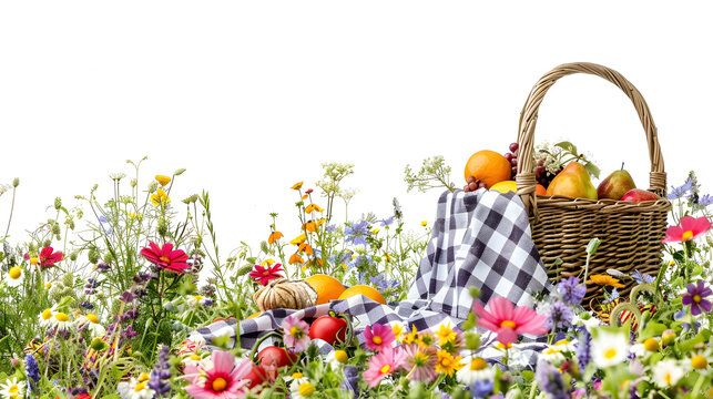 Summer solstice picnic 2.5D illustration with fruit basket in wild flower field. Midsummer day