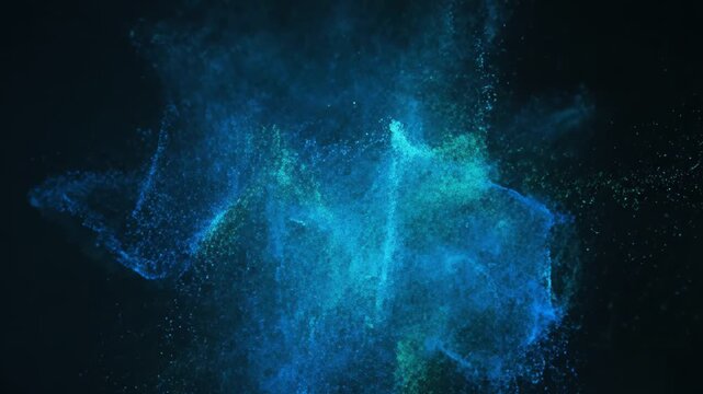 A captivating abstract scene, exhibiting particles in shades of teal and blue against a dark, evolving, and blurred background