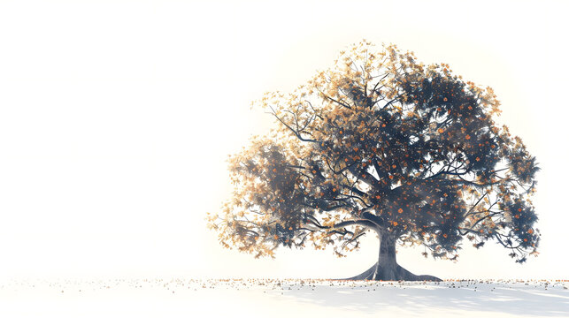 Summer solstice 2.5D illustration of solitary stylized oak tree. Midsummer nature landscape
