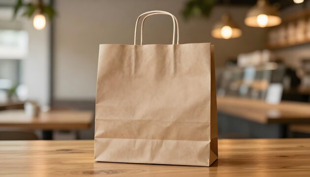 Plain brown paper shopping bag sits on a wooden table in a cafe setting