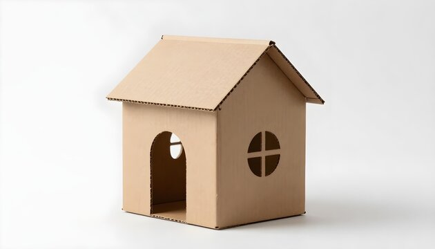 Simple unpainted cardboard house sits against a white background
