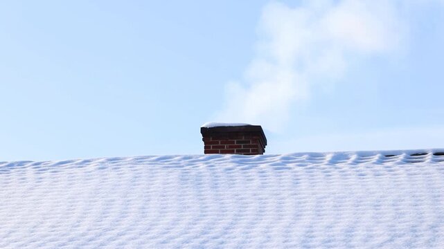 Static slow motion view of snow covered rooftop with single brick chimney emitting smoke against blue sky