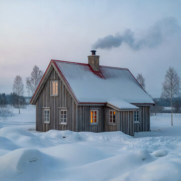 Cozy Wooden Cabin in Snowy Winter