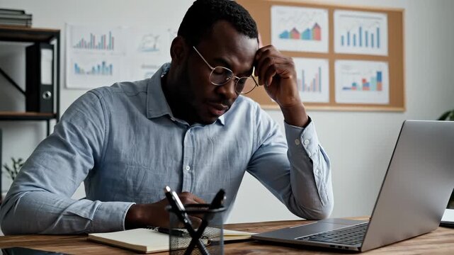 Stressed man touches head feeling headache. Tired businessman suffers stress at office desk. Overworked employee feels burnout pain. Man struggles with bad headache. Stressed black man working at