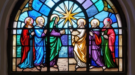 Fototapeta premium Colorful Stained Glass Artwork Depicting Religious Figures and Biblical Scene in Church Window