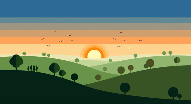 A serene landscape featuring a sunset over rolling green hills