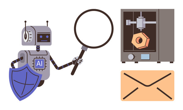 Artificial intelligence, data security, 3D printing analysis, email processing, automation, technology innovation. Robot with AI logo holding magnifying glass near a 3D printer and email icon. Data