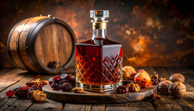 Whisky bottle with dried fruits dark chocolate and walnuts on oak board with a sherry barrel head in the background generative AI