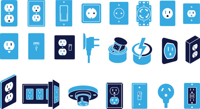 Set of electrical outlet and plug icons with different styles and colors.