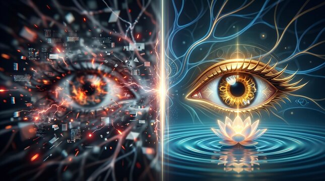 Split screen showing digital chaos and serene natural awakening