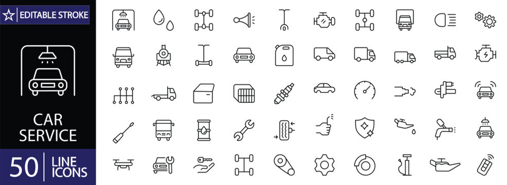 Car service icons set. Includes symbols of auto repair, maintenance, mechanic tools, oil change, tire service, and vehicle diagnostics. Editable stroke. Vector illustration. Outline icons.