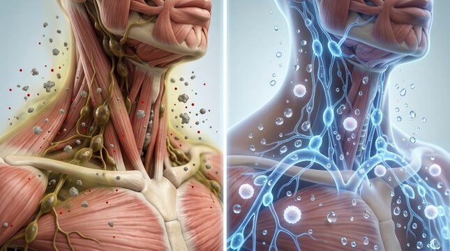 Detailed illustration of human lymphatic system and immune cells in the neck region