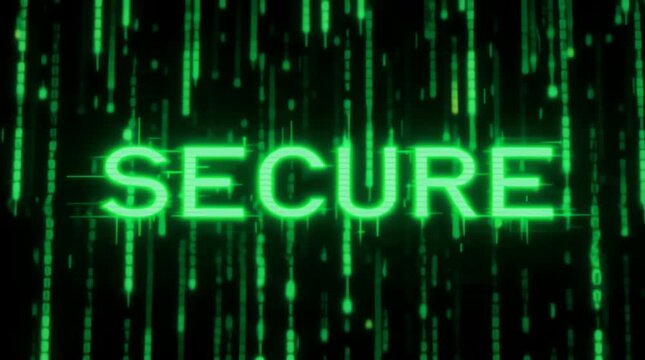 SECURE in a digital, green font, reminiscent of computer code, set against a black background with falling green digital rain.