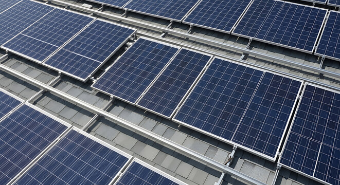 Modern solar panels arranged in rows for renewable energy generation.