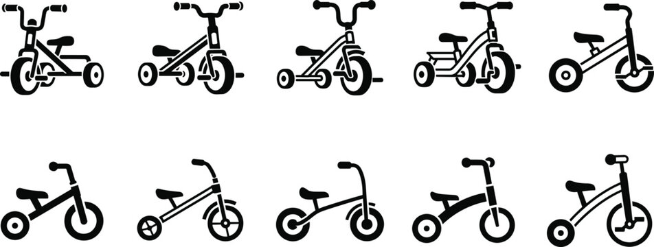 Collection of kids tricycle icons in flat style, minimalist black silhouettes of toddler bikes isolated for vector illustration set design