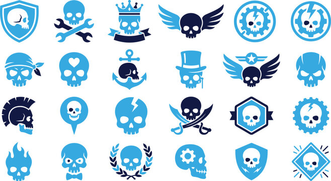 Skull icons and symbols in various styles and themes.