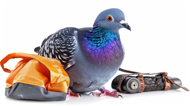 Vibrant Pigeon Surrounded by Colorful Bag and Vintage Cigarette Holder on White Background