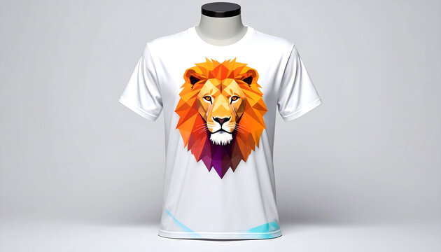 Crisp white tshirt featuring a geometric lion head made of colorful triangular polygons displayed on a minimalist ghost mannequin generative AI