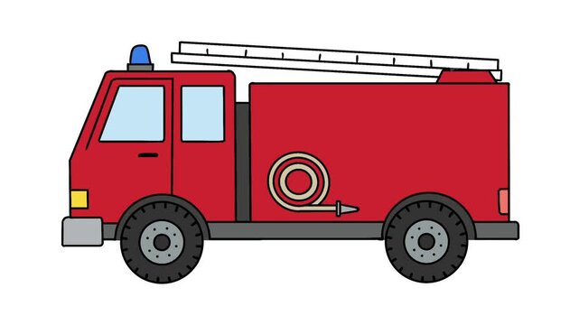 A simple 2D vector art fire truck featuring a red body, roof ladder, and blue siren on white background.