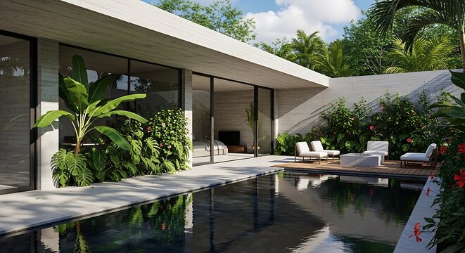 Luxury concrete villa with lush tropical greenery and a serene swimming pool, showcasing modern architecture and outdoor living spaces