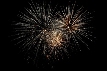 Obraz premium A vibrant display of fireworks illuminates the night sky with bursts of golden and white light against a stark black backdrop.