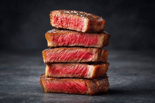 A stack of perfectly grilled, juicy ribeye steaks sits against a dark background, showcasing their rich marbling and appetizing texture.