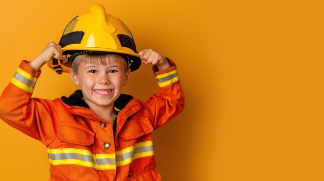 Joyful Child in Firefighter Costume Cheerfully Posing with Helmet Against Bright Yellow Background