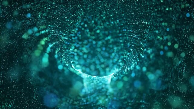 Abstract background with teal glowing particles forming a tunnel, technology concept. Data stream visualization and teal light effect.